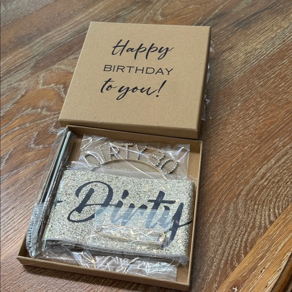 Gold Dirty 30 Headband, Sash, Pin & Straw set in Birthday box